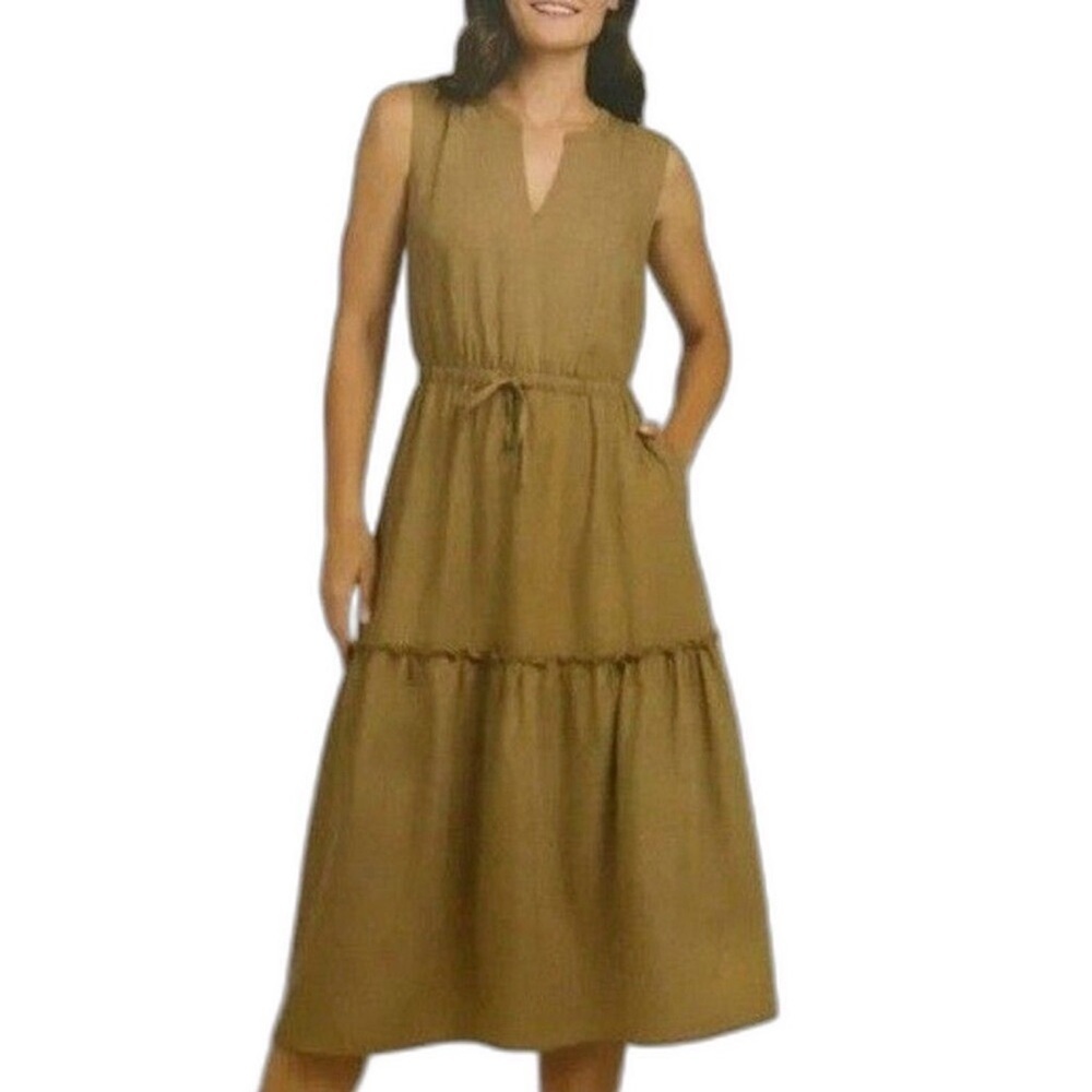 Lands' End Tiered MIDI Dress Olive Sleeveless Pockets Drawstring Size Medium NWT